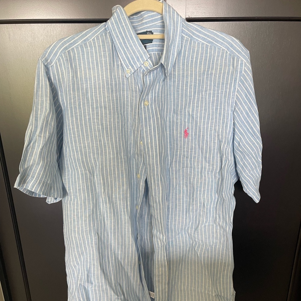 Ralph Lauren Men’s linen short sleeve button down with blue and white stripes